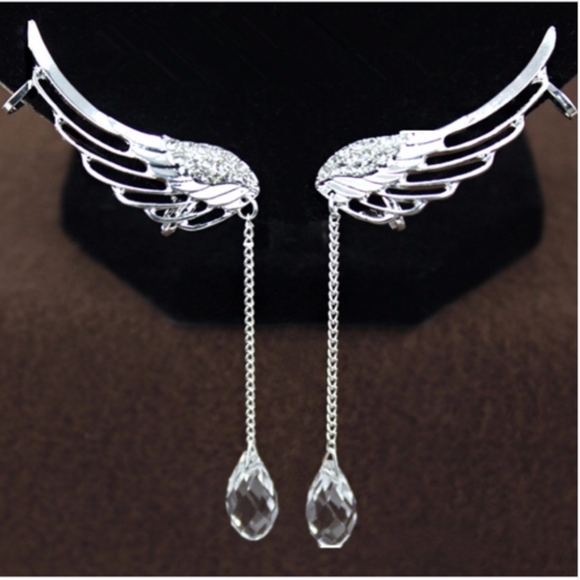 Angel Wing Silver Ear Cuff Tassel Chain Ear Clip - Picture 3 of 7